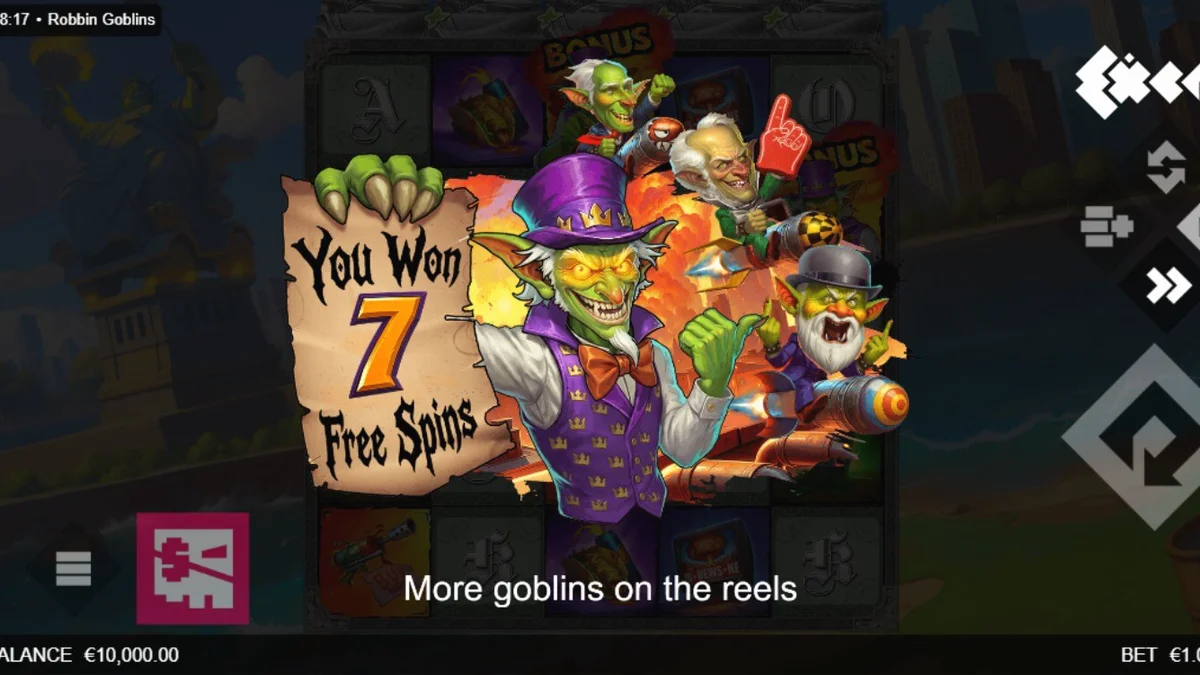 Giao diện trò chơi slot Robbin’ Goblins với các biểu tượng yêu tinh và hiệu ứng cháy nổ