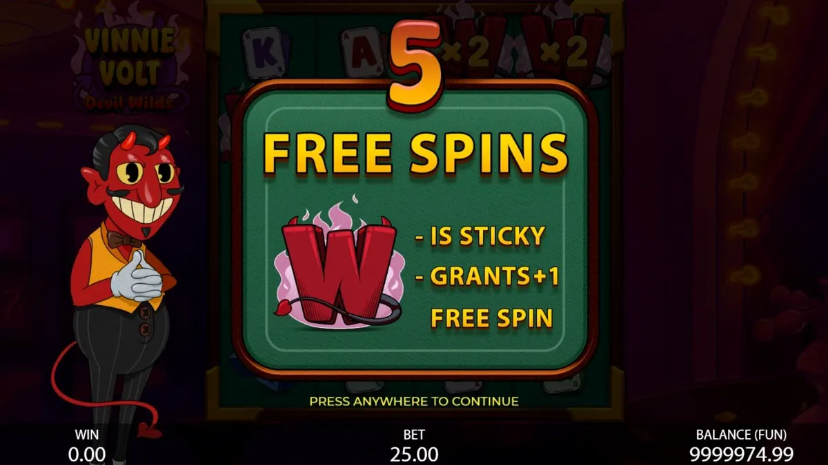 Vinnie Volt: Devil Wilds slot game interface featuring the cartoon devil character