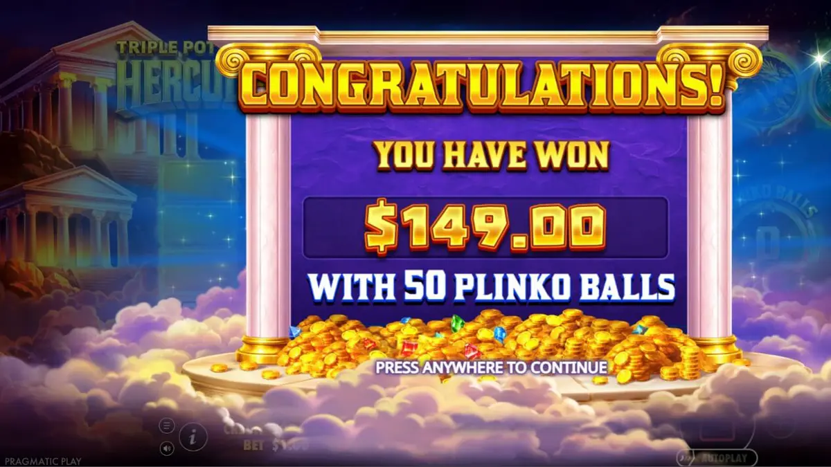 Giao diện trò chơi Triple Pot Plinko – Hercules với chủ đề thần thoại Hy Lạp và các bình thưởng rực rỡ